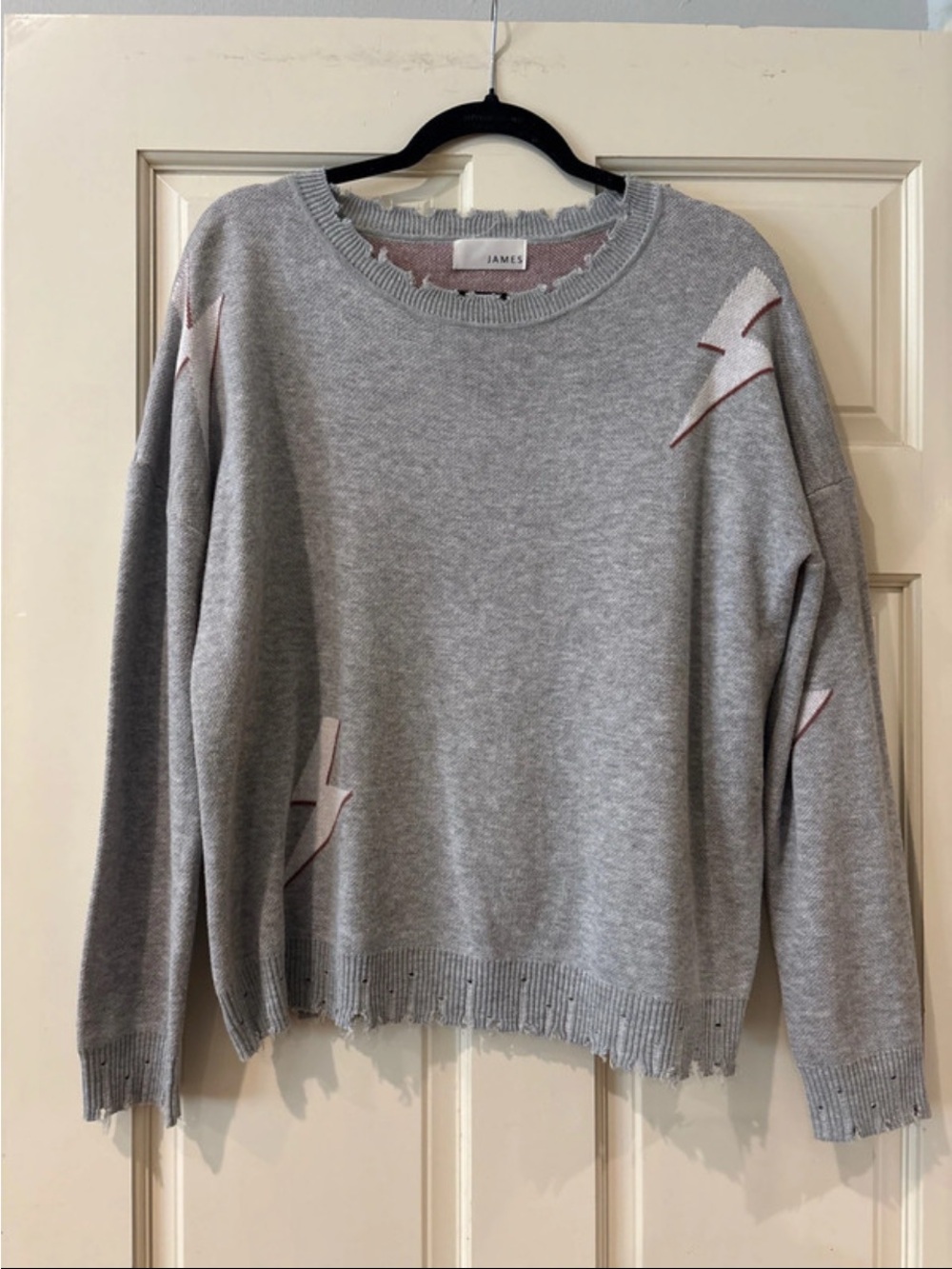 James Gray Crewneck Sweater with Pale Pink Lightning Details